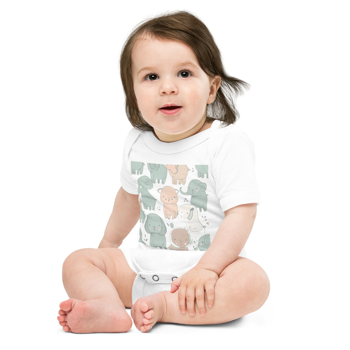 Baby Short Sleeve One Piece White with Unique Animal-Themed Design